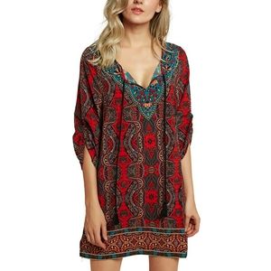 Women Bohemian Neck Tie Vintage Printed Ethnic Style Summer Shift Dress